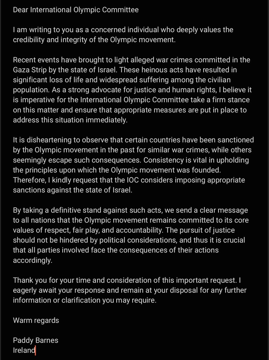 Letter FAO @Olympics @olympicchannel and Thomas Bach.