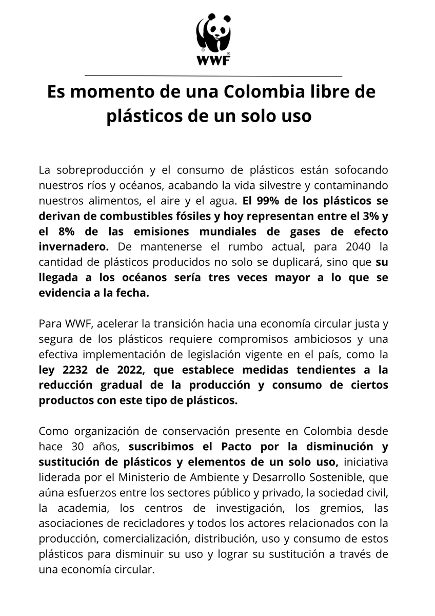 WWFColombia's tweet photo. Suscribimos ✍️ el Pacto por la disminución y sustitución de plásticos y elementos de un solo uso, iniciativa liderada por @MinAmbienteCo. Lograrlo es posible con cada acción individual. 

Los plásticos le cuestan mucho al planeta🌎. 
▶️ Conoce más: https://t.co/bkjQxxJU1e. https://t.co/7GEzimQ0qj