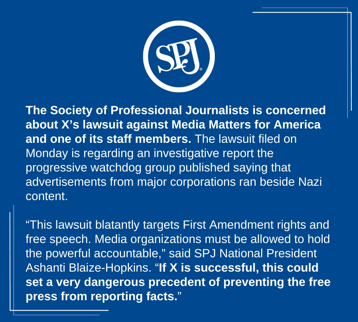 SPJ is concerned about X’s lawsuit against @mmfa. 'This lawsuit blatantly targets First Amendment rights and free speech. Media organizations must be allowed to hold the powerful accountable,” said SPJ President @AshantiBlaize. spj.org/news.asp?REF=2…