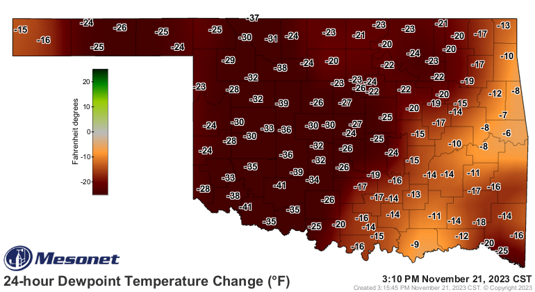 okmesonet's tweet photo. Much drier air mass compared to yesterday. This will allow for much cooler nighttime temperatures until pattern changes. #okmesonet https://t.co/YlT0kc0WPC