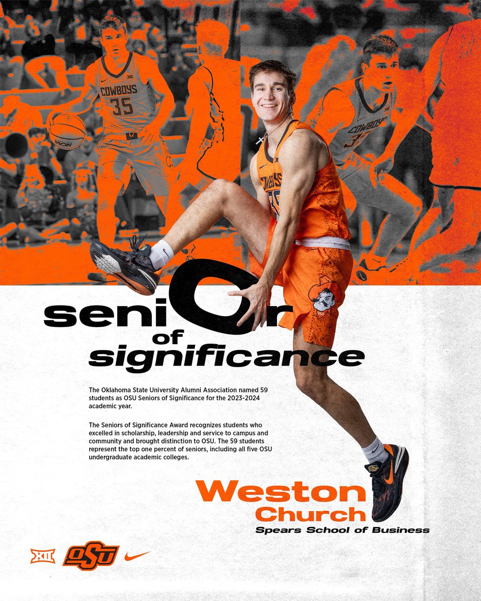 OSUMBB's tweet photo. Congratulations @weston_church for being named a Senior of Significance by @OKStateAlumni!

This award honors the top 1% of seniors, who have excelled in scholarship, leadership and service to community and campus and brought distinction to OSU.

Proud of you, Weston! #GoPokes https://t.co/6UlQZmQv7h
