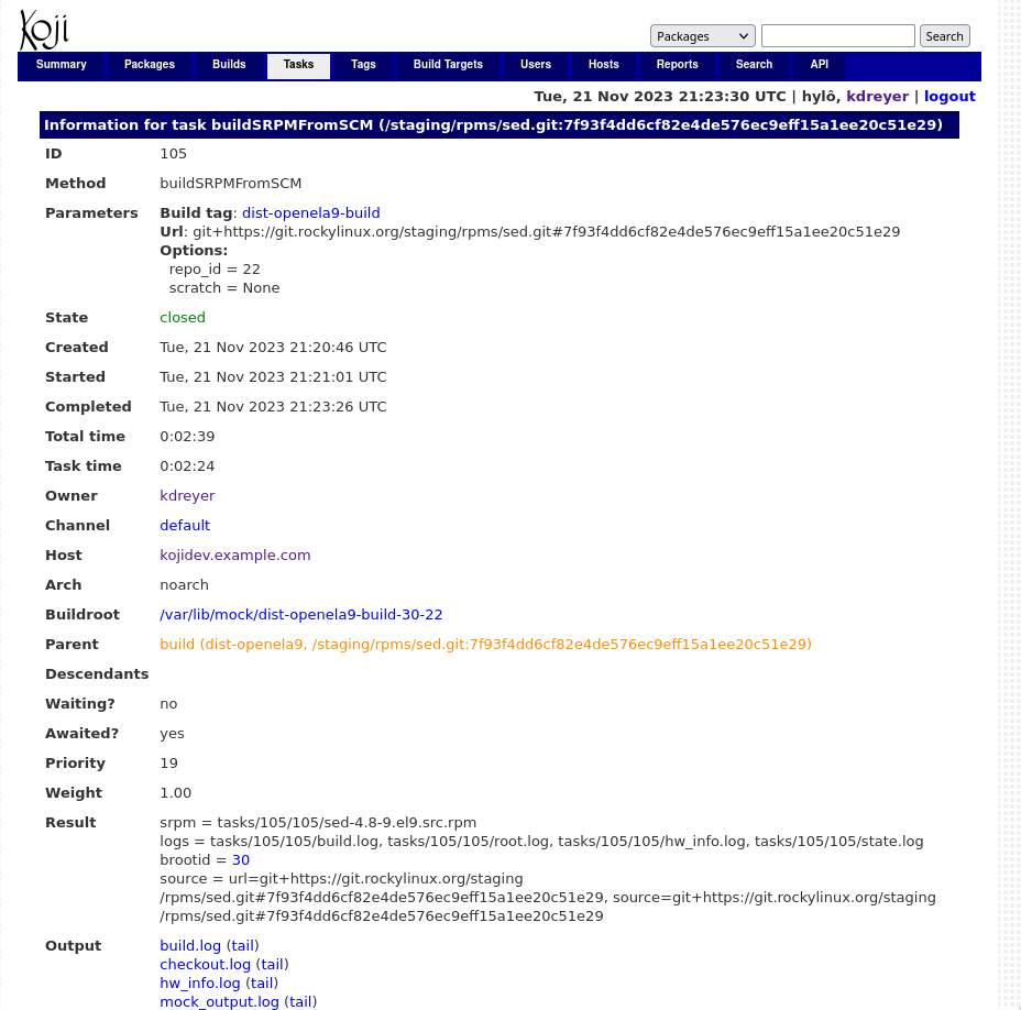 I think I'm getting the SCM part of koji figured out. I got an SRPM to build from Rocky's GitLab. I was missing a way to fetch lookaside sources, so I used Skip Grube's getsrc.sh script for that in the kojid config. 

#linuxengineer #enterprise #linux #openela