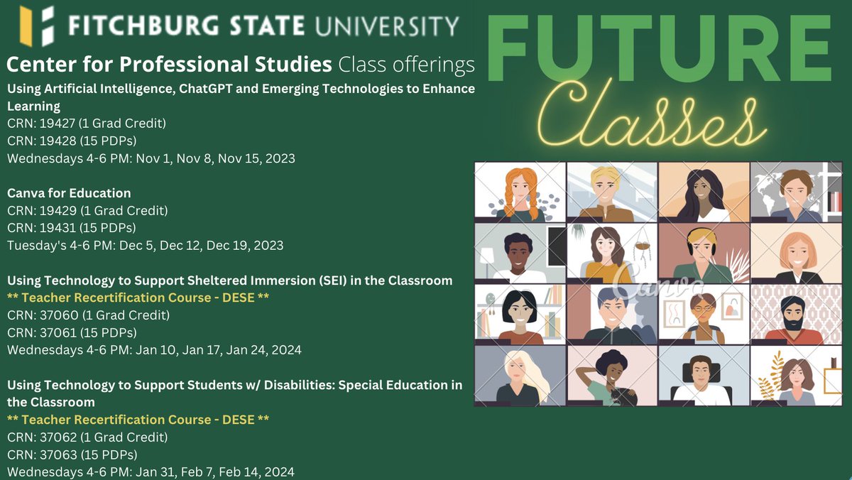 Still time to signup for Canva for Education by 11/28! Hybrid format Tuesdays, Dec 5, 12, &amp; 19, 2023 4 - 6pm. fitchburgstate.edu/academics/cont… <a href="/FitchburgStGCE/">Fitchburg State, SGOCE</a> <a href="/csheil/">Craig Sheil</a> along with  other recertification offerings!