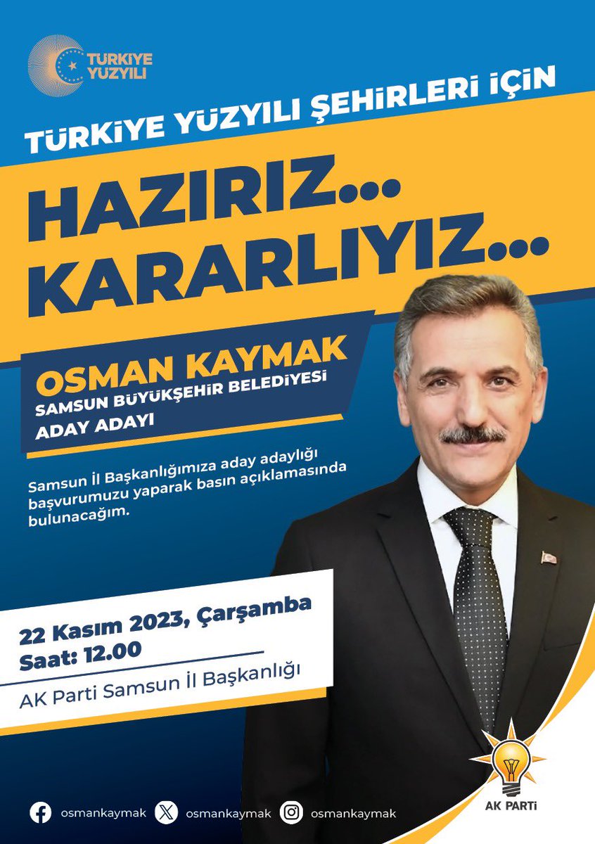 Ak Parti Samsun İl Başkanlığımıza yarın aday adaylığı başvurumuzu yaparak basın açıklamasında bulunacağım. Samsun’umuzu Türkiye Yüzyılı'nın parlayan yıldızı yapmak için; Hazırız…Kararlıyız…