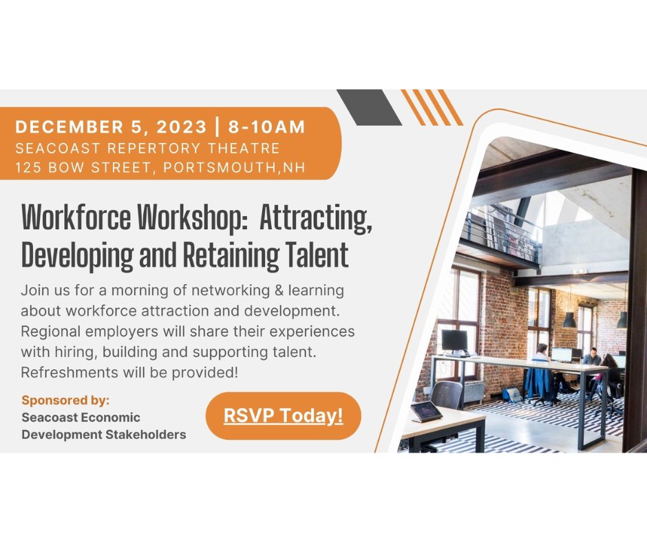 The Seacoast Economic Development Stakeholders (SEDS) is hosting a free Workforce Workshop on December 5th at the Portsmouth Repertory Theater from 8 am to 10 am. 

ow.ly/eUlT50Qa5Ly

#NHWorkforce #NewHampshire #NHEconomy #NH #NHBusinessOwners #NHEvents #NHNews #SecoastNH