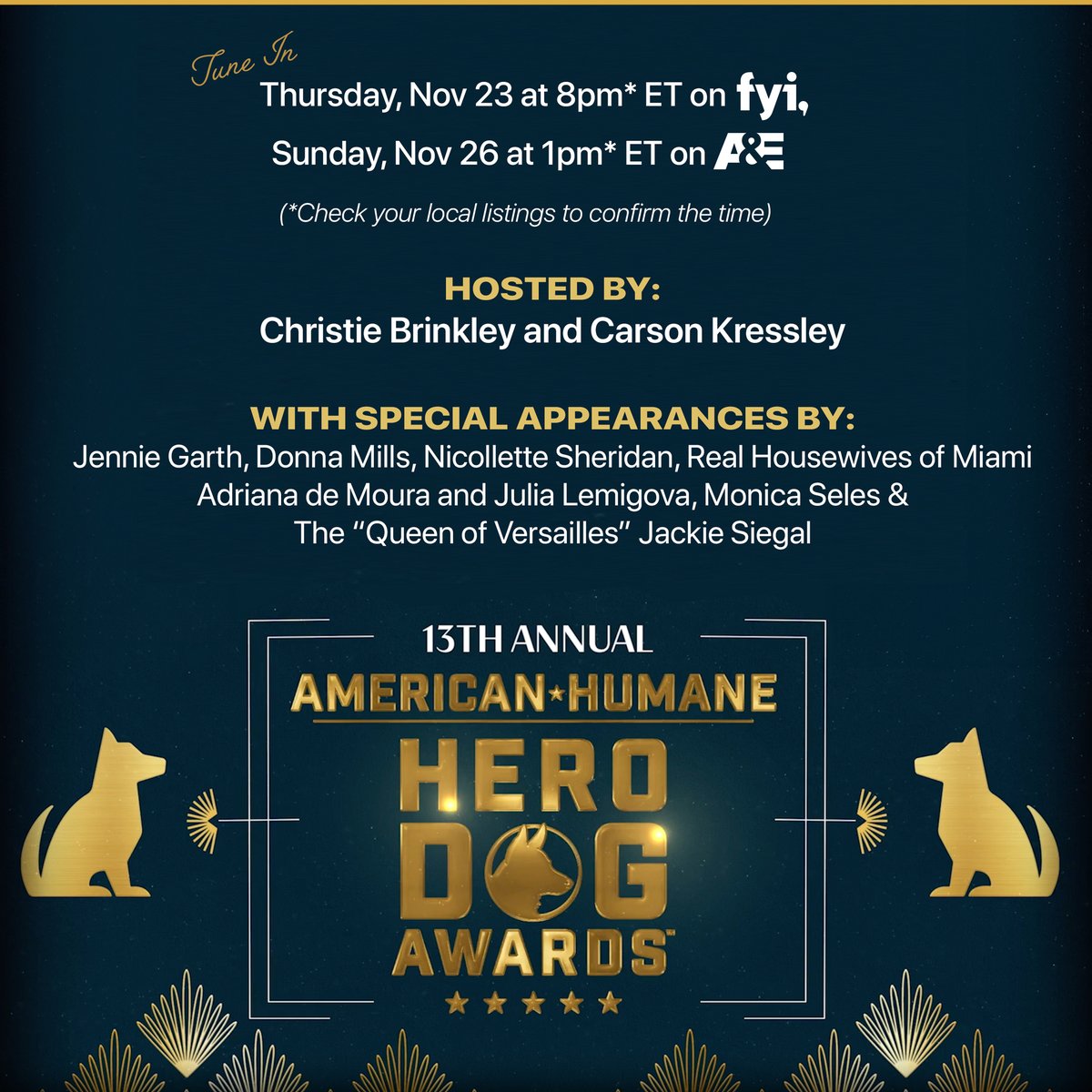 Make 🇺🇸 America's top dogs a part of your #thanksgiving celebration this week by tuning in to the star-studded 13th Annual Hero Dog Awards hosted by Christie Brinkley and Carson Kressley on FYI, Nov 23 at 8 P.M. ET and later this weekend on <a href="/AETV/">A&E</a>, Nov 26 at 1 P.M. ET.