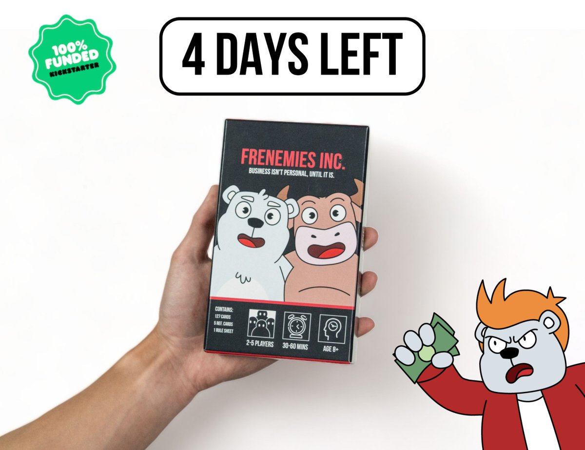 🚀 Just 4 Days Left! 🚀 

Join us in the final stretch of our Kickstarter journey for Frenemies Inc. 

🎲 Grab your copy of Frenemies Inc. and join us in revolutionizing game nights. 

buff.ly/3GbgWy8 

🚀 #Kickstarter #BoardGames #CardGames #FinalCountdown