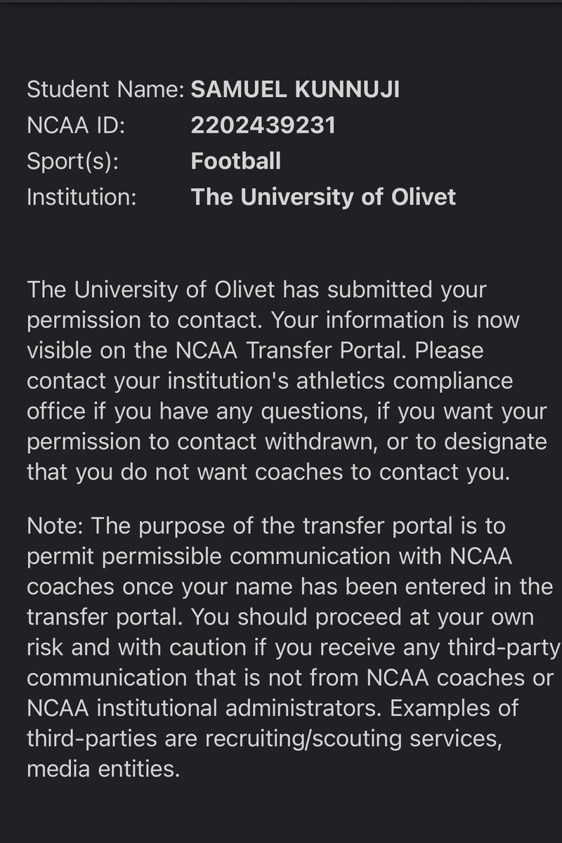 PrinceKunnuji's tweet photo. Samuel Kunnuji
5’10
190
4.45 40
3.6 UW GPA
1,307 All Purpose Yards
S.O.
5866688183
Kunnujisamuel@gmail.com

I'm grateful for the opportunities and support. Farewell, University of Olivet https://t.co/yxVfjfn69n