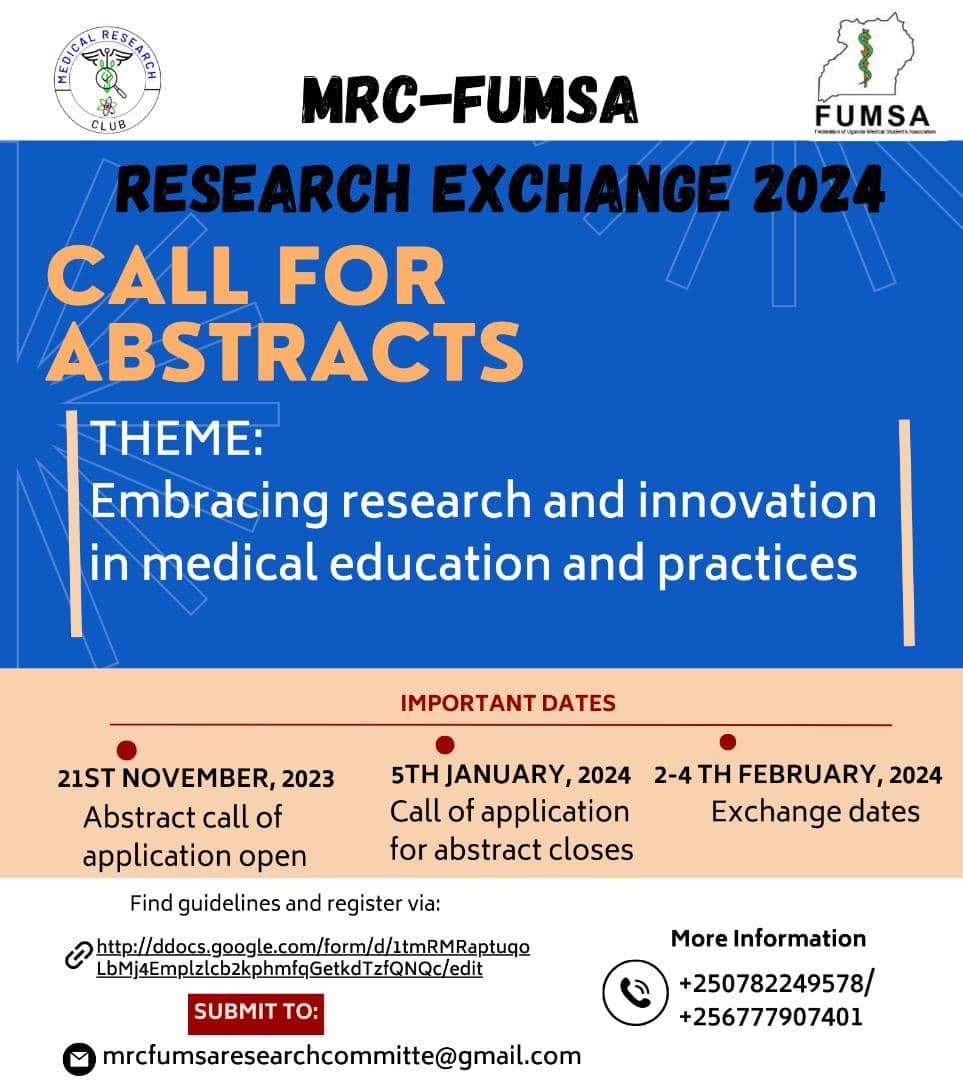 mrc_rwanda's tweet photo. 📢🚨 CALL FOR ABSTRACTS
We invite abstracts submission from students from medical universities of Rwanda🇷🇼 and Uganda🇺🇬  , Tobe presented during international Resarch Conference in @mrc_rwanda - @OfficialFUMSA research exchange program from  2nd to 5th February 2024 https://t.co/2wz57fIQdX