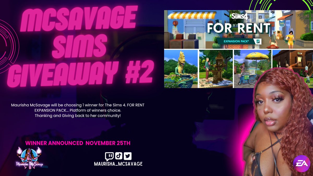 Hey simmers! It's that time again

Last time I chose 3 winners and 3 different packs. This time only 1 winner will win the "For rent expansion pack" 

To enter:
Like
Share
Comment what platform

Good luck and happy simming 🤫
-Brought to you by EA
#EAPartner #eacreatornetwork