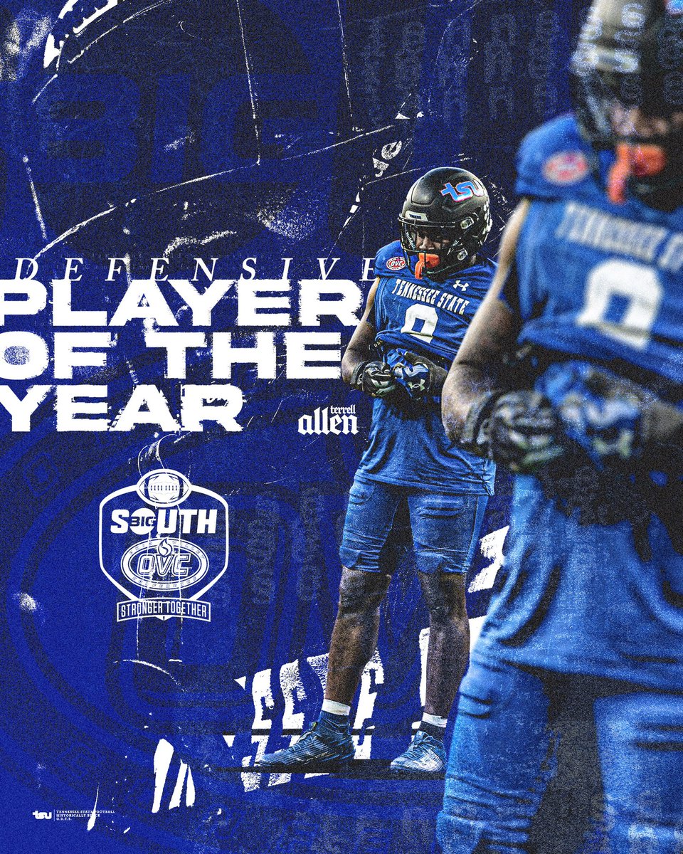 𝐃𝐞𝐟𝐞𝐧𝐬𝐢𝐯𝐞 𝐏𝐥𝐚𝐲𝐞𝐫 𝐨𝐟 𝐭𝐡𝐞 𝐘𝐞𝐚𝐫

Congrats to Terrell Allen for being named the @BigSouthOVCFB Defensive Player of the year 

#RoarCity x #GUTS