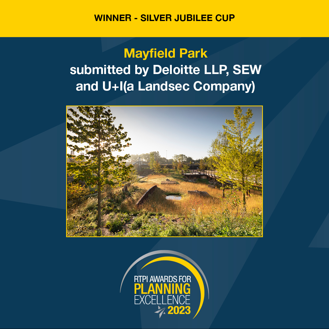 The final award is the Silver Jubilee Cup. Mayfield Park is the first new park in Manchester for over 100 years. The judges were particularly impressed with the extensive engagement with young children &amp; the effectiveness of partnership and collaborative working. #RTPIAwards