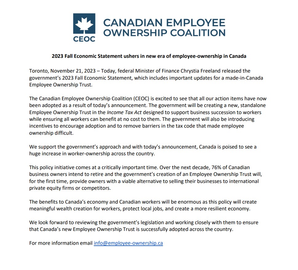 <a href="/cafreeland/">Chrystia Freeland</a>'s Fall Economic Statement marks a watershed moment for employee ownership in Canada.

Starting in Jan 2024, a new made-in-Canada Employee Ownership Trust will help workers across the country build wealth and keep jobs in local communities.