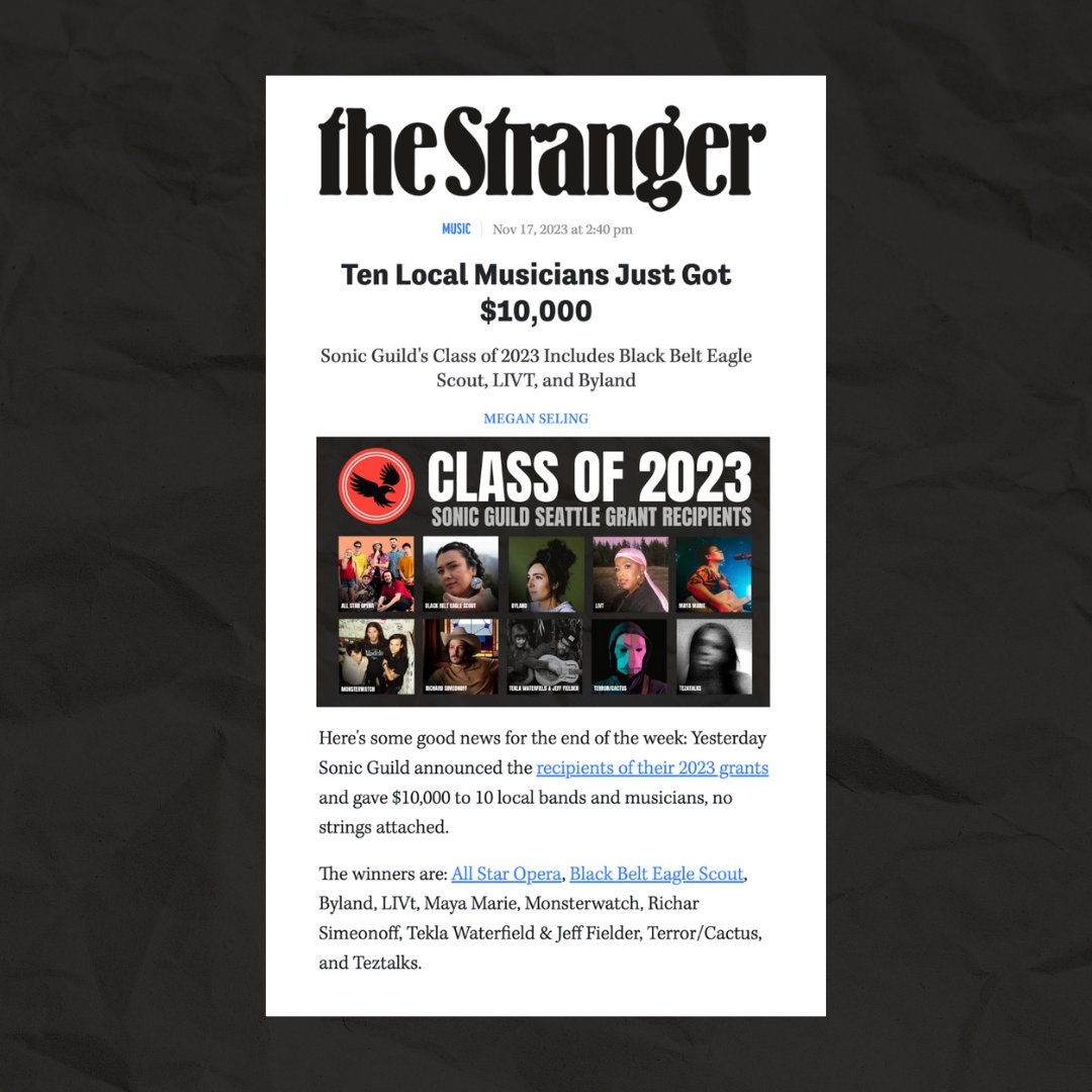 That's right -- Ten Local Musicians Just Got $10,000 from Seattle's #SonicGuild. 

Thanks for sharing the good news, <a href="/TheStranger/">The Stranger 🗞</a>! 
thestranger.com/music/2023/11/…