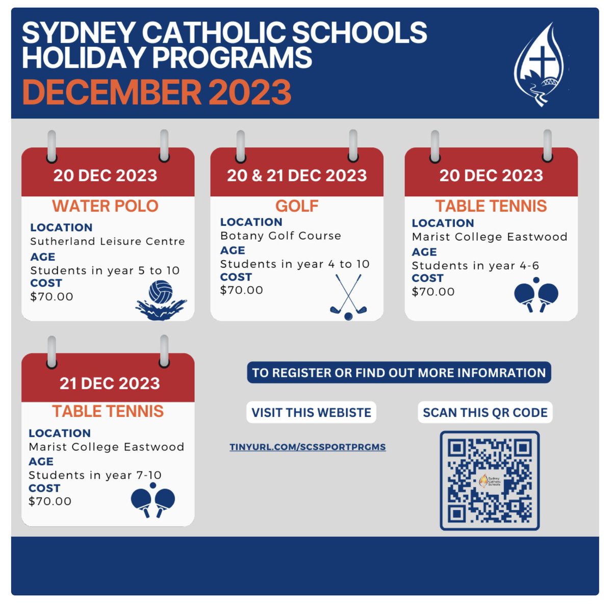 SCS Holiday Programs 2023
<a href="/SydCathSchools/">SydCatholicSchools</a> is providing several exciting sports opportunities for students during the summer holiday period. Scan QR code to register or visit the website for more information.
#empoweringyoungwomen
#thewakeleyway
#strivetothrive