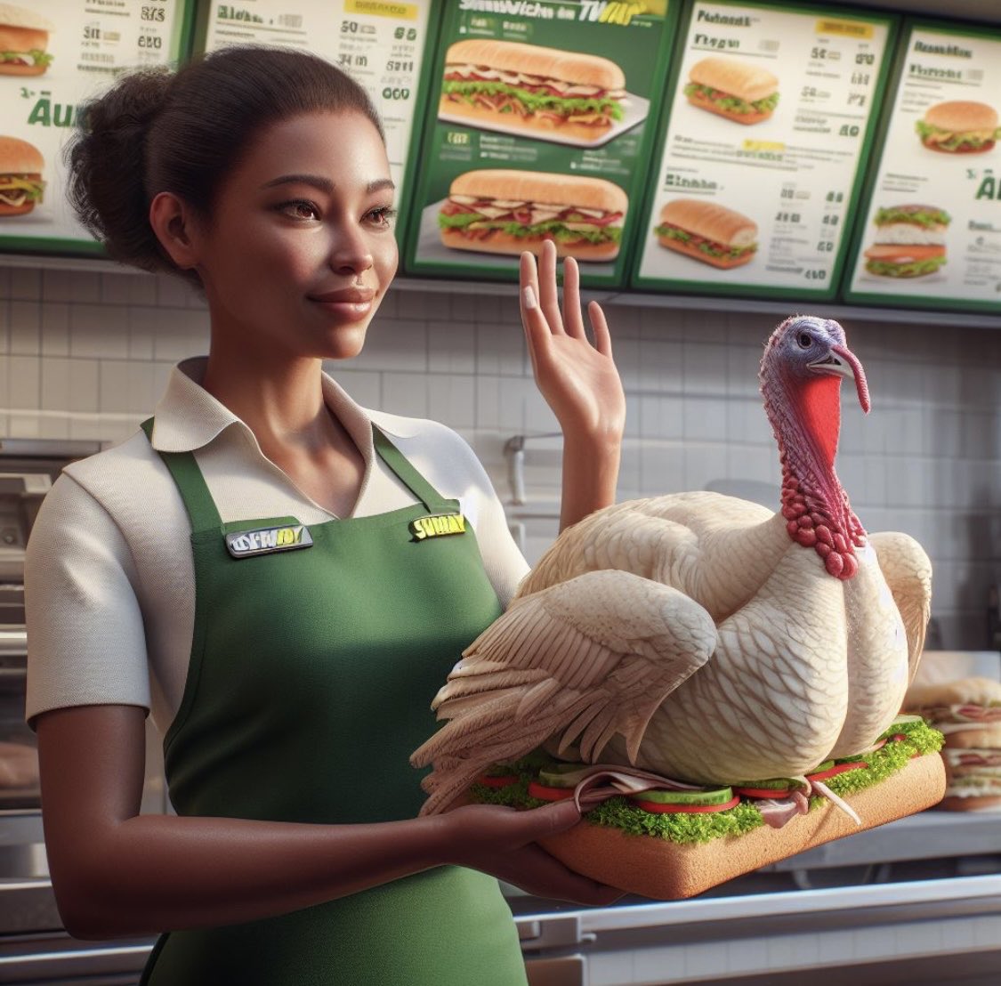 Stop on by and try Subway’s authentic turkey sandwich this Thanksgiving! 
🦃🥪

#AIartistcommunity #StarryAI #aiart  #ainksyai #DALLE3 #MageSpace #MidjourneyAI #aiartist #AI #Subway #Sandwiches #EatFresh #Thanksgiving #Turkey #Doordash #HoldTheMayo