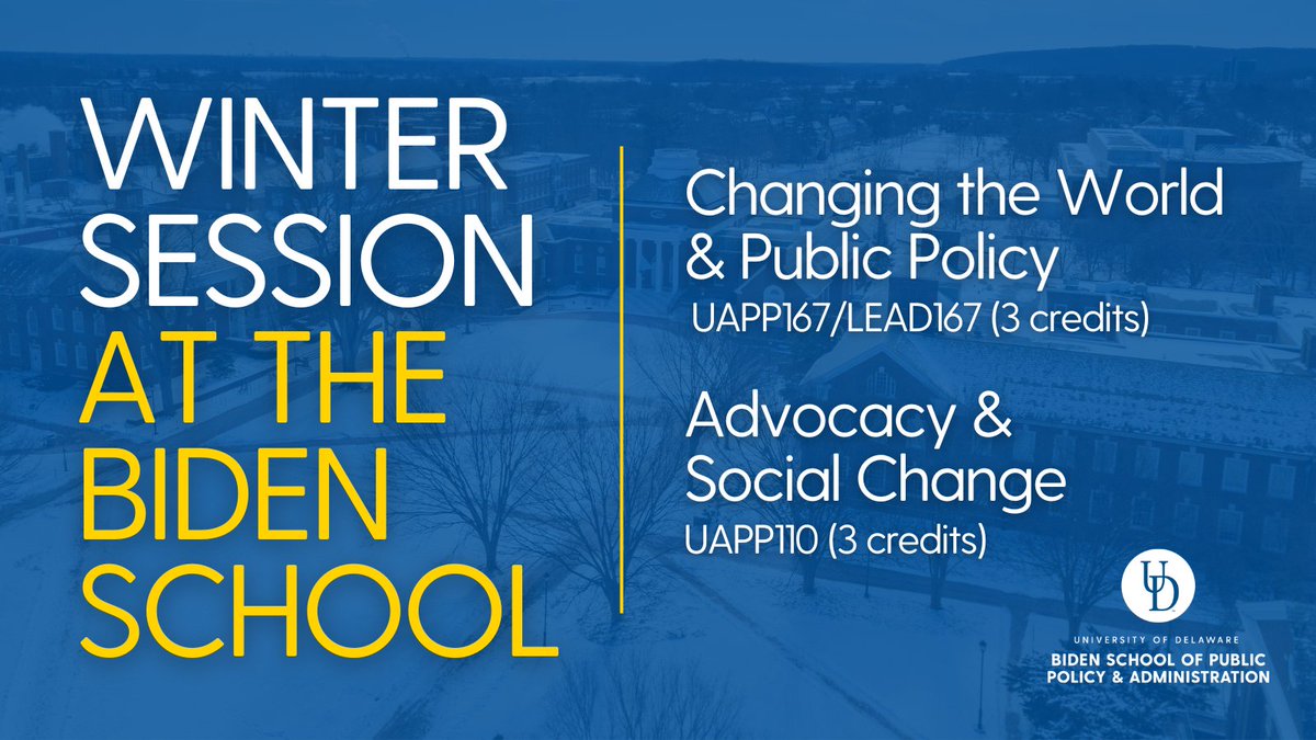 UDBidenSchool's tweet photo. Are you an undergraduate @UDelaware student looking to add a course to your #UDWinter schedule?
Check out the two courses offered by Biden School faculty Dr. Phil Barnes and Dr. Jessica Sowa.
Winter '24 classes begin on January 3. https://t.co/2S0YY9nUqN