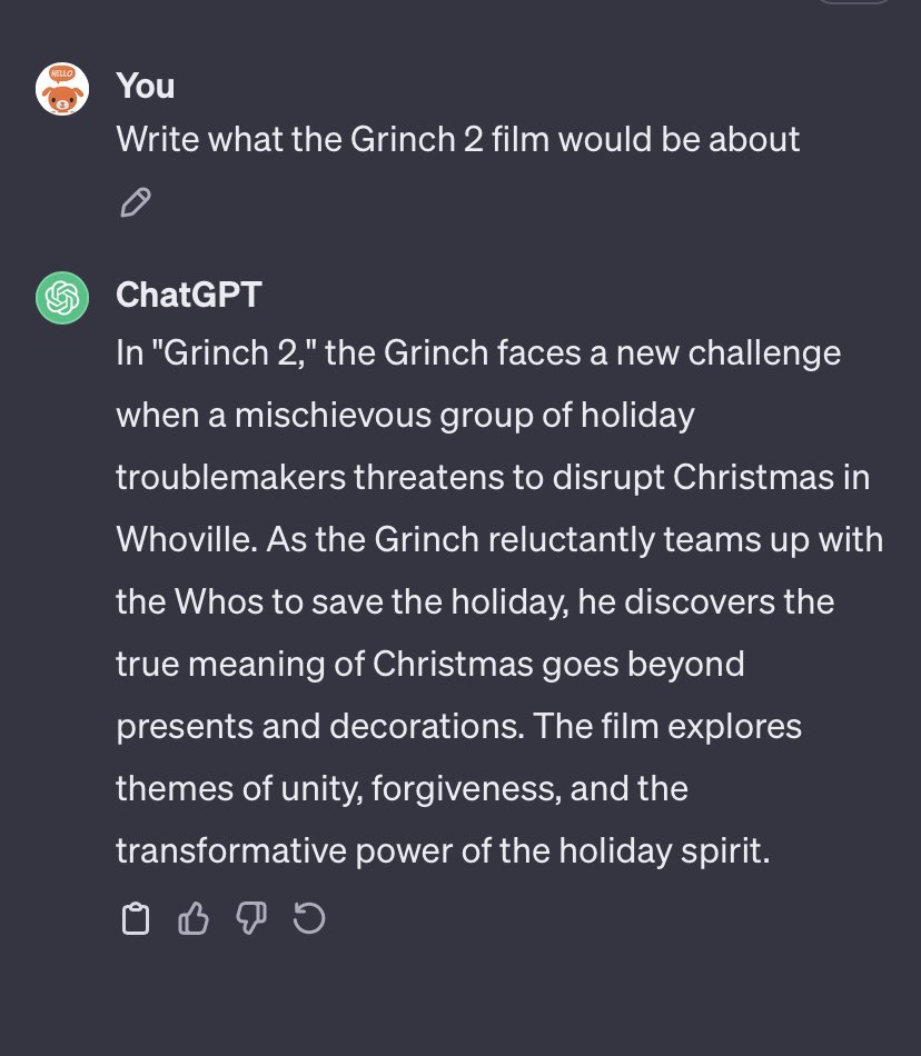 Andyj07's tweet photo. @ladbible I asked Chat GPT what the Grinch 2 film would be about and this is what it said. https://t.co/hNa6u0L5SQ