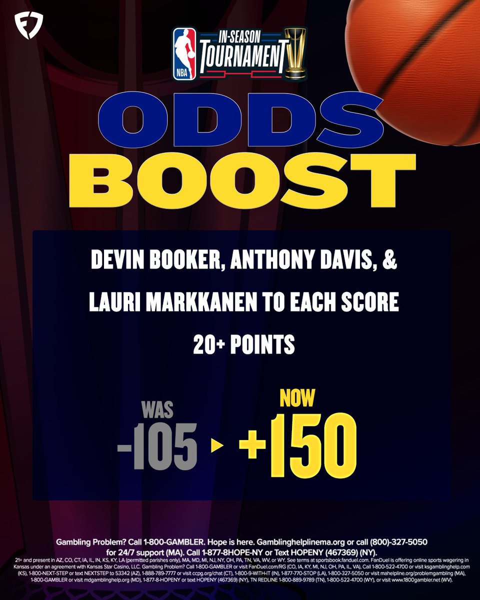 FanDuelSports's tweet photo. 🔥 ANOTHER NBA BOOST 🔥

Devin Booker, Anthony Davis, &amp; Lauri Markkanen to each score 20+ points

Was: -105
Now: +150 🔺

Details: https://t.co/boOY3bTBWH | #NBA https://t.co/dxY4WYcGD5