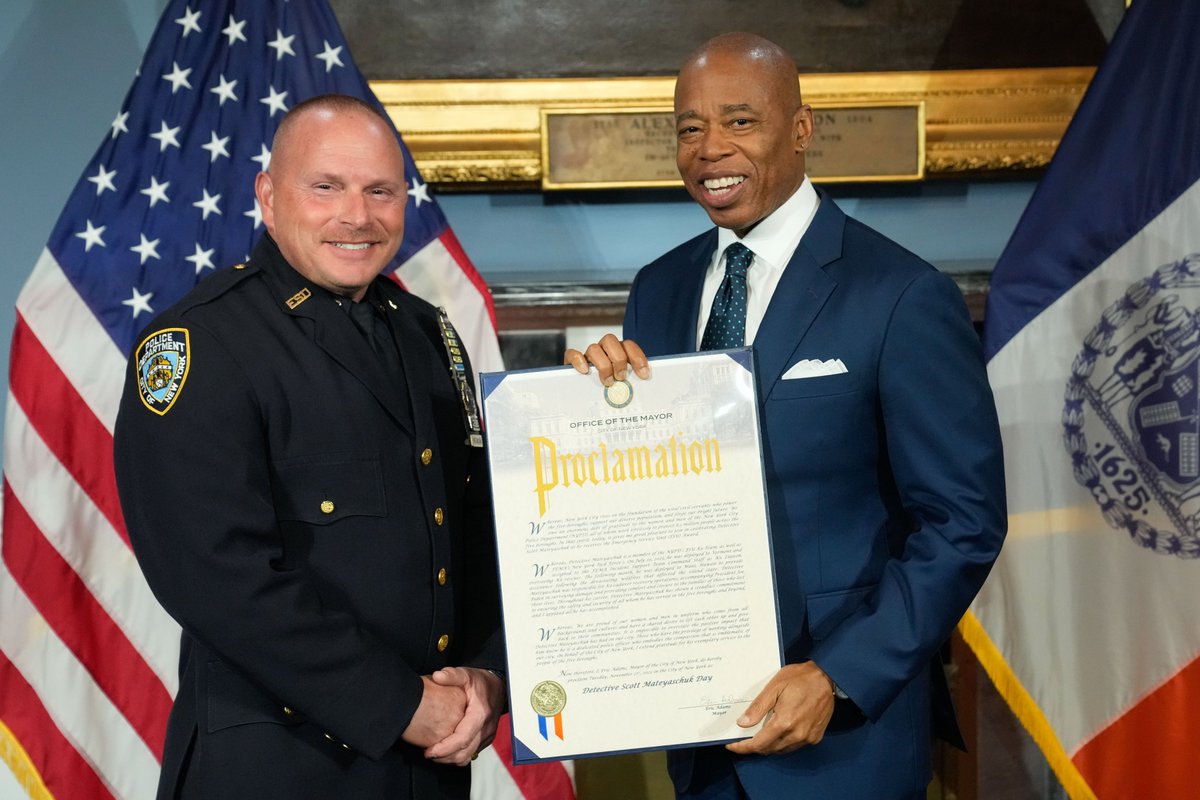 NYCMayor's tweet photo. Detective Scott Mateyashuk is one of "New York's Finest" and he takes that title nationwide with his work as part of the Emergency Service Unit K9 team with @FEMA. Thank you for your service, Detective Mateyashuk! https://t.co/5eufXwH9KL