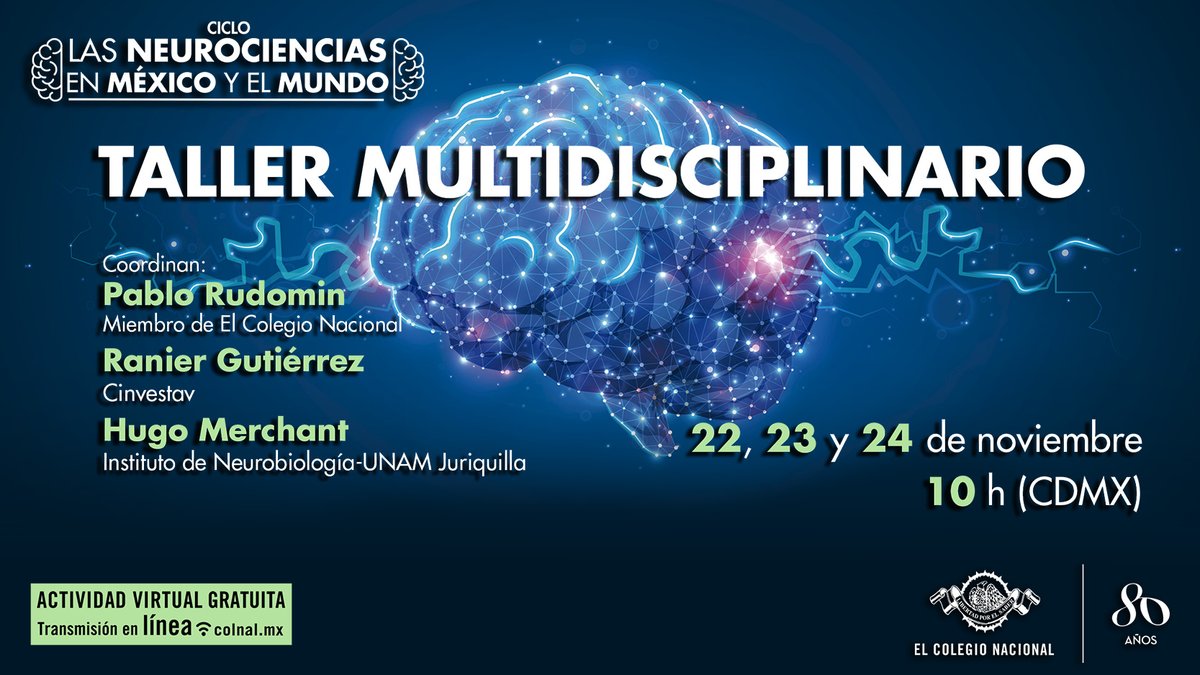 ColegioNal_mx's tweet photo. 🧠💭 #MAÑANA comienza el taller multidisciplinario con científicos internacionales, convocado por Pablo Rudomin, miembro de El Colegio Nacional, @GutierrezRanier, del @cinvestav y Hugo Merchant, del @UNAMINB.

Es gratuito✨

📅 Del 22 al 24 de noviembre ⌛10 h 🌐 #VIRTUAL
👉 https://t.co/OrAhJda3sX

#LibertadPorElSaber