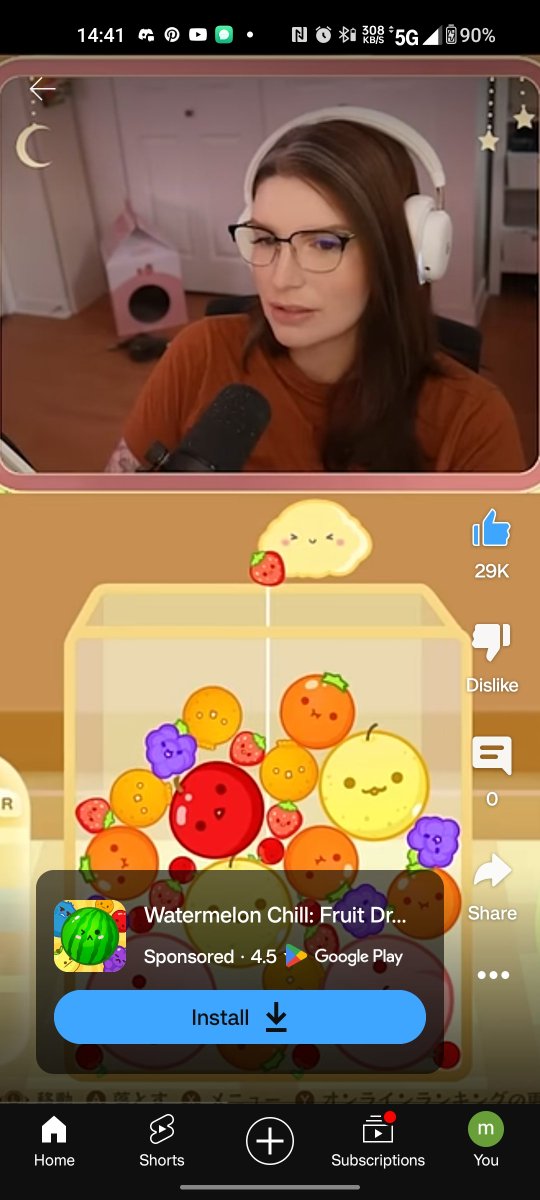 setralynn's tweet photo. Has anyone else seen a random "fruit drop" mobile game using a tiktok from @katestark playing Suika Game as their ad on YouTube? Seems very sus. 🤔 https://t.co/WTGlpxyT7z