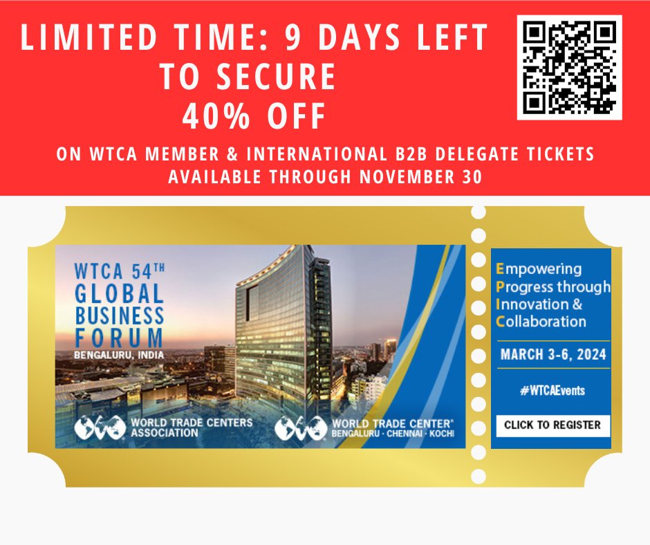 Don't miss out – only 9 days left to secure 40% off tickets to the 2024 WTCA GBF (hosted by <a href="/WTCBengaluru/">WTC Bengaluru</a> March 3-6)! Register today thru Nov 30 to take advantage of the special offer @ bit.ly/47jsAm3. We hope to see you in March in #Bengaluru #India. #WTCAEvents
