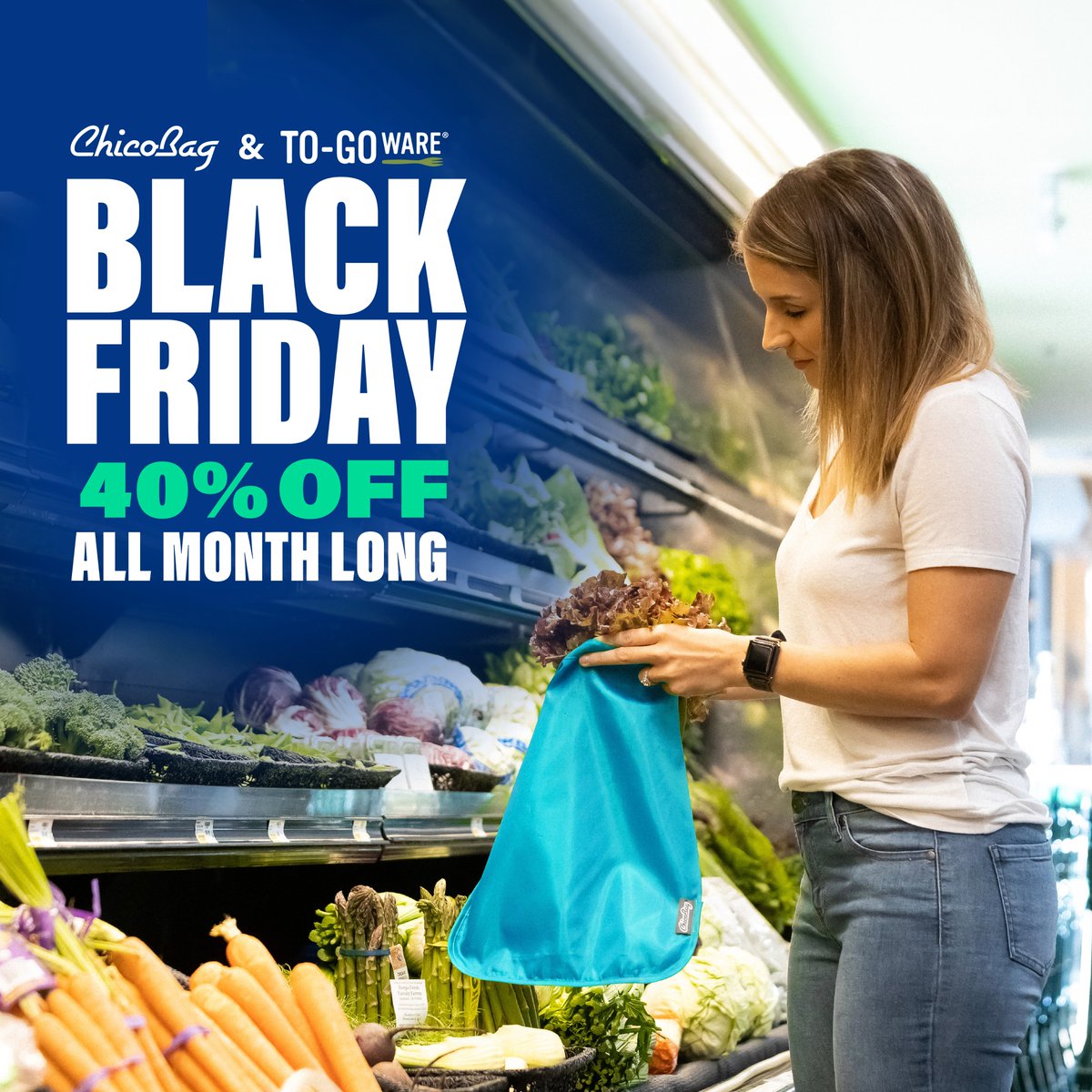 Do good→Save big! Planet-friendly products like our moisture-locking produce and mesh bags are 40% ALL MONTH during our Black Friday Sale here: chicobag.com/shop/category/… #BlackFriday #ToGoWare #BlackFriday2023