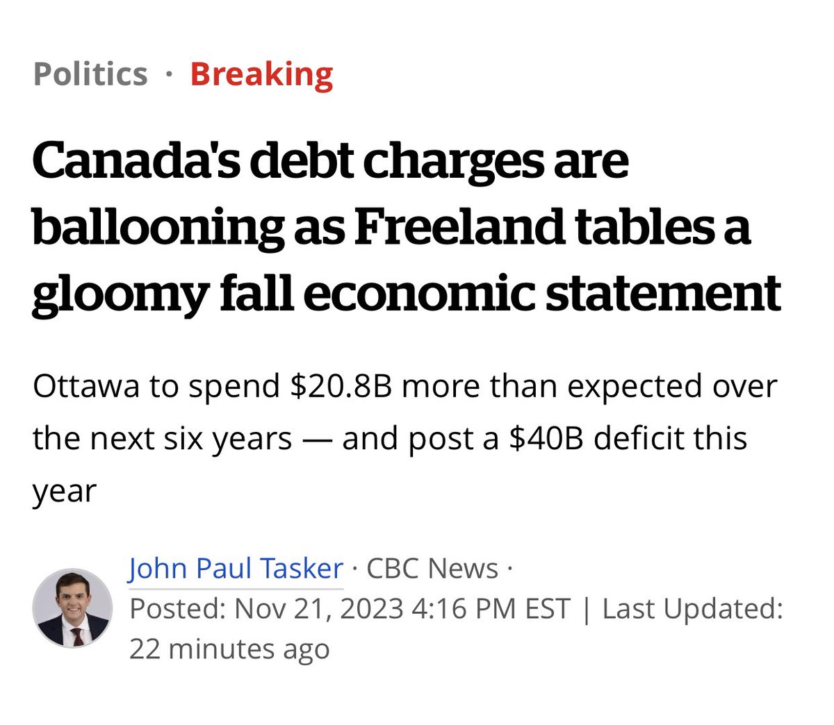 ⚠️ BREAKING!⚠️ 

Trudeau admitted today that the gov’t will spend just about the same on debt charges as it does on health care. 

And he’s making it worse by racking up even more debt. 

That means less $$$ in your pocket, and less $$$ for services. 

He’s not worth the cost.