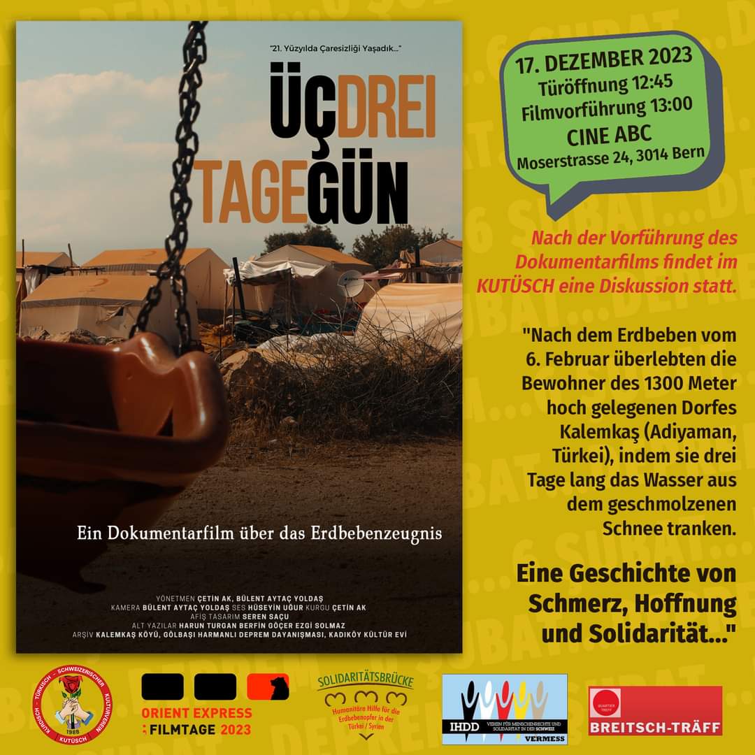 Kalemkaş Köyü'nün hikâyesi 17 Aralık'ta Bern'de gerçekleştirilecek dayanışma gecesinde... Ardından Gölbaşı Harmanlı Deprem Dayanışması'ndan Ezgi Solmaz, Berfin Göçer ve Serhan Karakuyu ile deprem bölgesinde süren dayanışma faaliyetleri üzerine söyleşi gerçekleştirilecek.