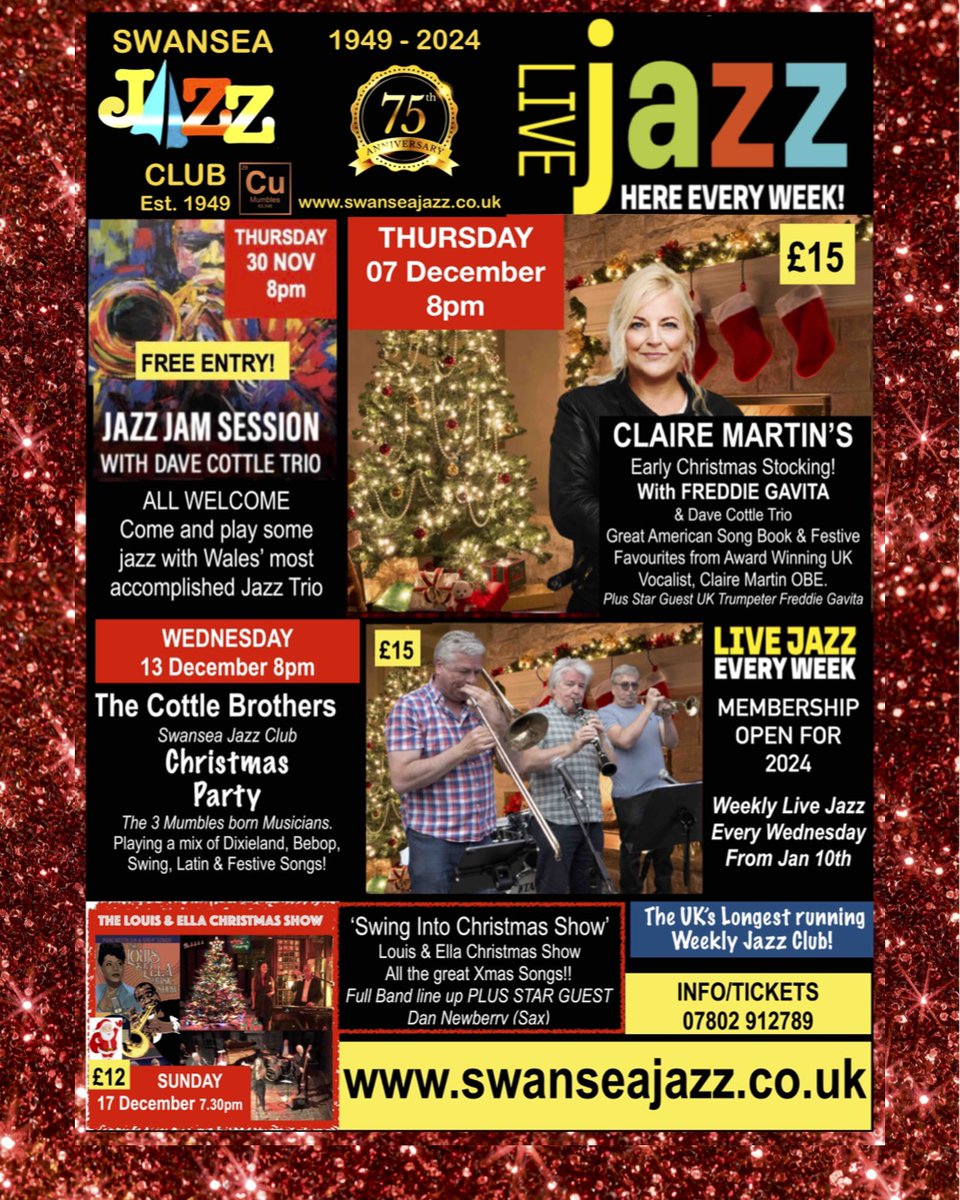 Swansea_Jazz's tweet photo. Fabulous gigs coming up to round off 2023 at @Swansea_Jazz Club @CuMumbles  
New Year programme is announced, BOOK EARLY!!! https://t.co/6ef4KMvGjF 
@VisitSwanseaBay @visitwales @Mumbles https://t.co/WjmqsisGX5