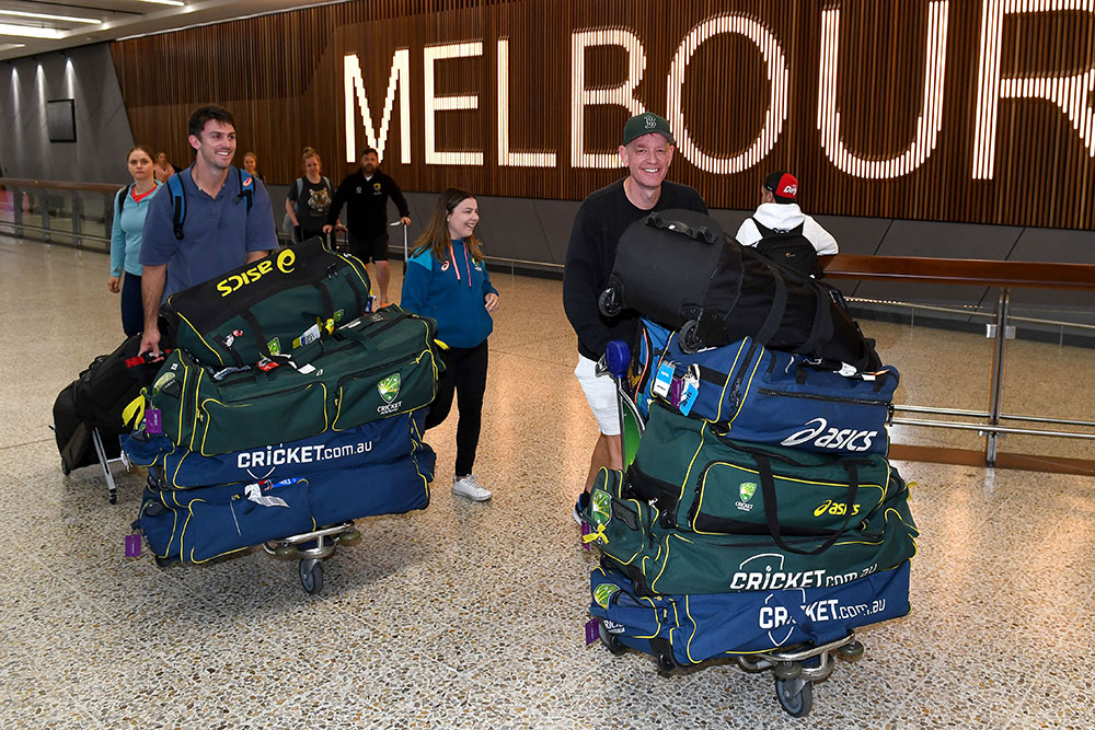 cricketcomau's tweet photo. Australia's World Cup winners not staying on for the T20 series touched down on home soil this morning #CWC23