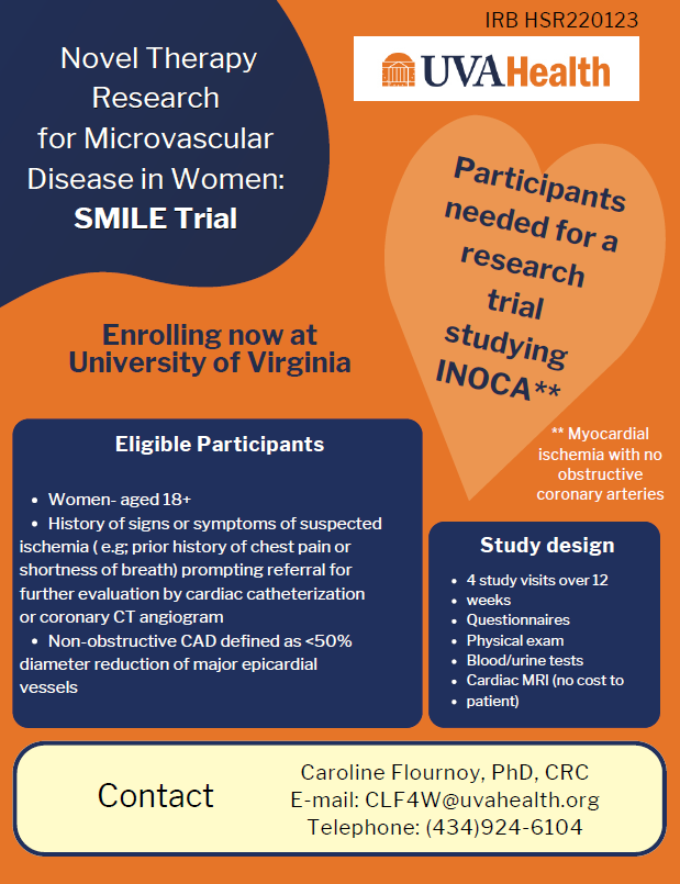 Dear all, we are recruiting women with suspected or confirmed #INOCA at @UVA Please consider referring them for our Clinical Trial @uvahealthnews @UvaDOM @CardioUva @ChrisKramerMD @AmitRPatelMD @JamiesonBourque @JLindnerMD @GarimaVSharmaMD @DrMarthaGulati @NHosadurg @ErinMichos