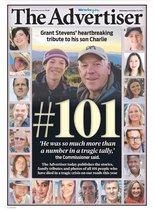 A powerful <a href="/theTiser/">The Advertiser</a> front page this morning about the tragic loss of life on our roads this year. 

#101 families who will be missing a loved one at Christmas this year and forever more.
