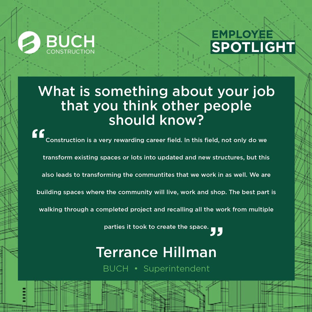 BuchBuilds's tweet image. 📢Meet our dedicated superintendent, Terrance Hillman! Read more to be inspired by his desire to learn, his enthusiasm for his work and how he feels this impact goes beyond his team and into the community: buch.us.com/employee-spotl…

#BeyondWhatsExpected