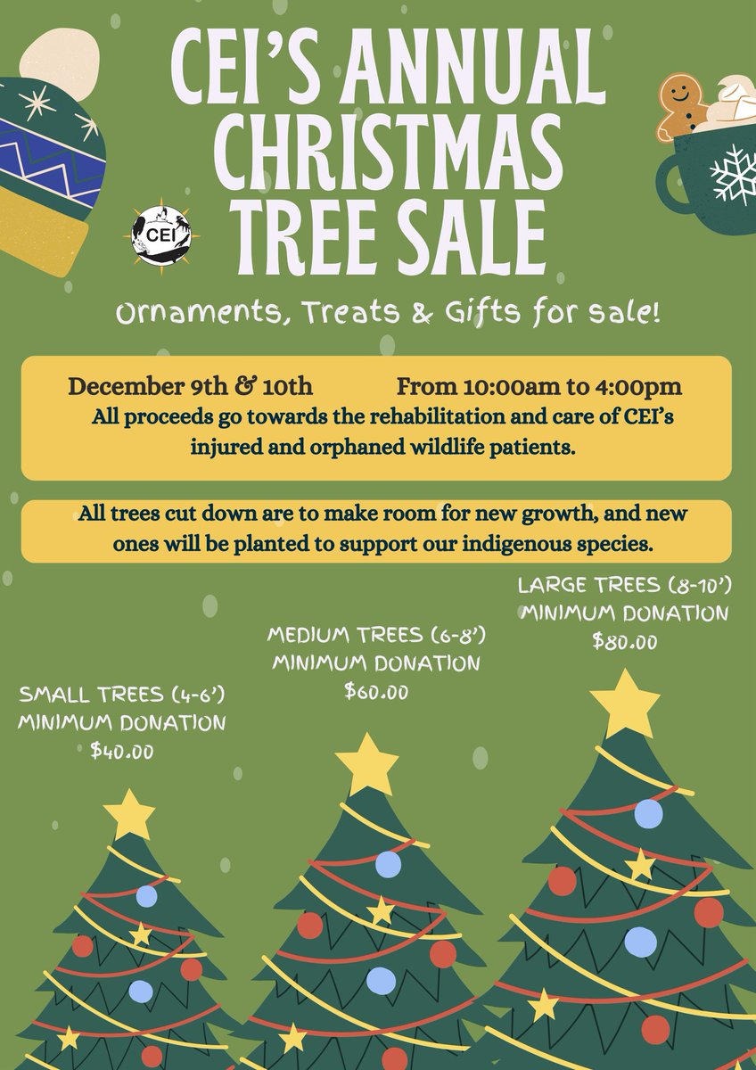 Mark your calendars.. our 2023 Christmas Tree Event is scheduled for December 9th and 10th from 10:00AM to 4:00pm!

By contributing your festive spirits over the holidays, you not only help us to raise money for wildlife rehabilitation but also get to enjoy a beautiful tree!