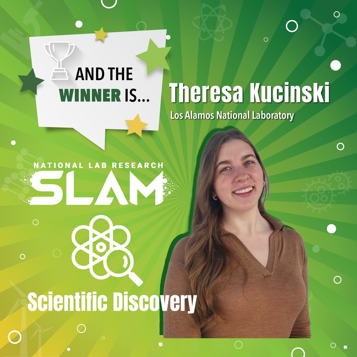 UCAdvocacy's tweet image. 🎉 Theresa Kucinski from @LosAlamosNatLab took home the Scientific Discovery Award! Her research focuses on finding the advantages of imperfections. 🏆📚 #NationalLabSLAM