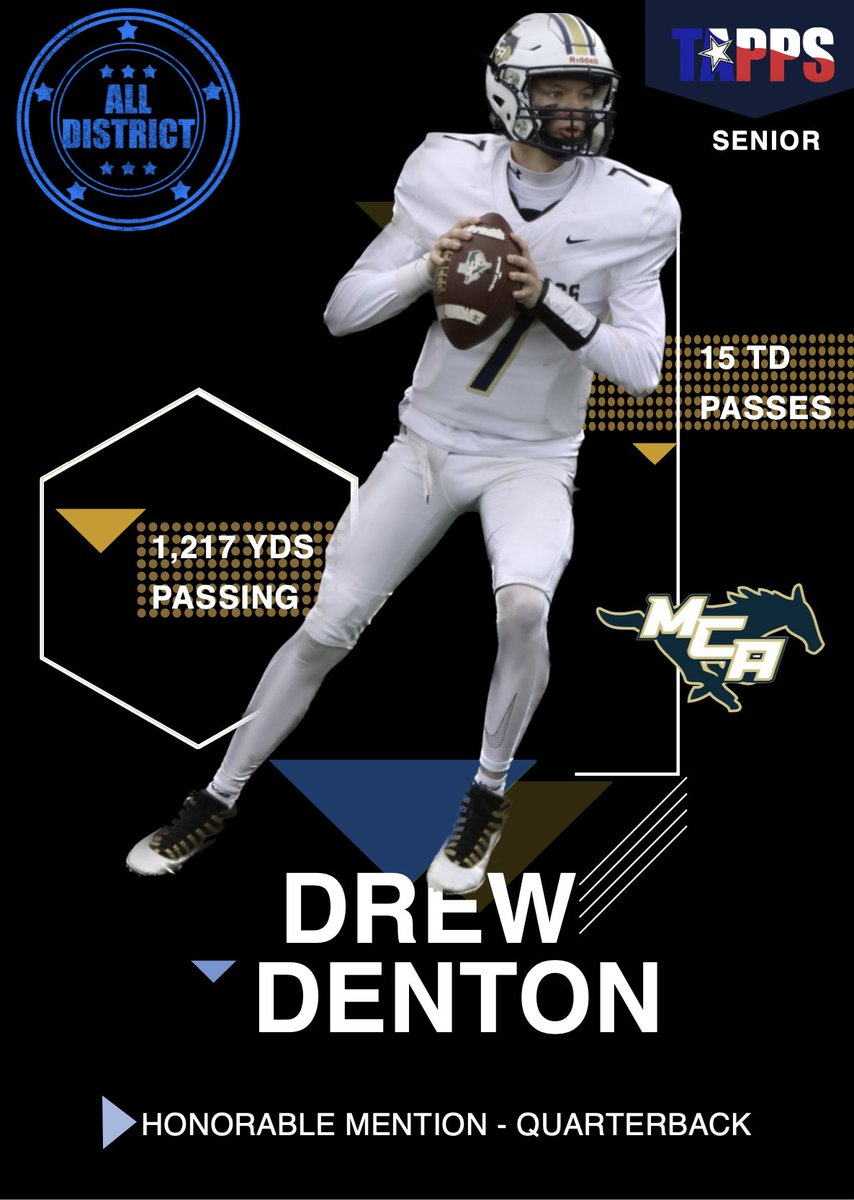 MCAMustangFB's tweet photo. We Highlight Drew Denton with the 1st of 2 tweets today - Drew was Honorable Mention All-District, boosted by his great play vs Dallas Covenant and Brook Hill.  Colleges are doing a lot of tire-kicking on Drew for next season!  @DrewDenton10 @DavidSDenton https://t.co/cZP2rlnlSW