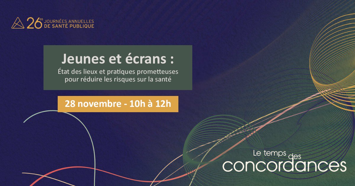 PAUSE participera aux 26es Journées annuelles de santé publique le 28 novembre de 10h-12h au Centre des congrès de Québec lors de la formation « Jeunes et écrans : état des lieux et pratiques prometteuses pour réduire les risques sur la santé ». 👉bit.ly/3sGosOr #JASP26
