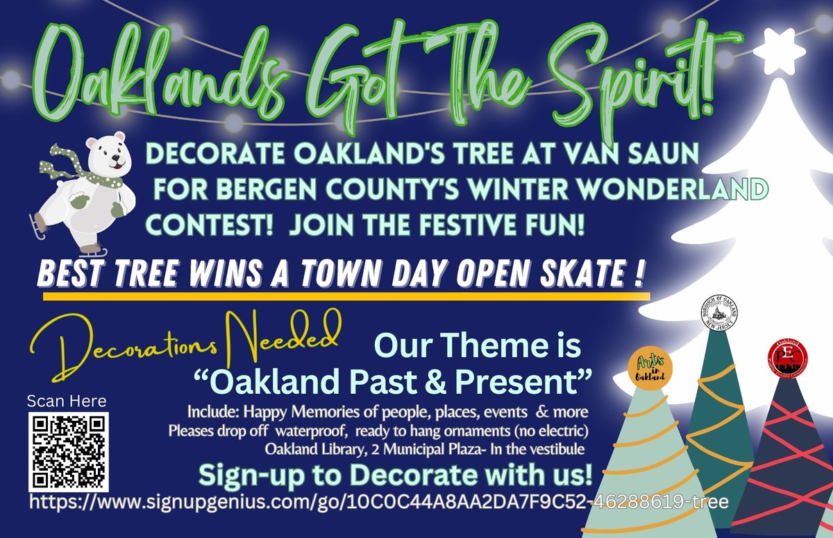 The Borough of Oakland, NJ is participating in Bergen County's Winter Wonderland Tree Decorating Contest. The theme is Oakland past and present! We are collecting decorations for the tree,  drop them off at the Oakland Public Library.
signupgenius.com/.../10C0C44A8A…...
#oaklandnj