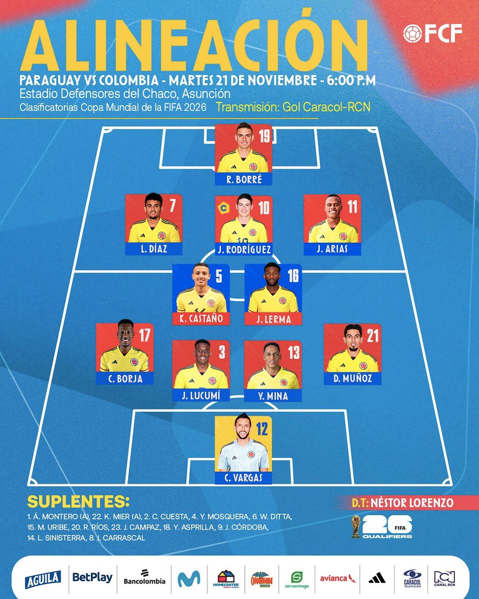FCFSeleccionCol's tweet photo. 🚨 𝗧𝗜𝗧𝗨𝗟𝗔𝗥

Formación de la Selección Colombia para enfrentar a Paraguay por las Clasificatorias a la Copa Mundial de la FIFA.

#TodosSomosColombia🇨🇴 https://t.co/QfJlzDjyO3