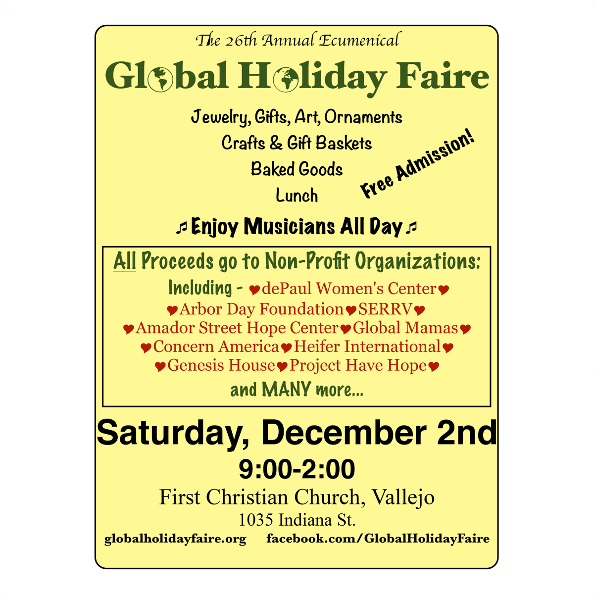 Embrace the spirit of giving at the 26th Annual Ecumenical Global Holiday Faire on December 2nd! Join us at First Christian Church, Vallejo, located at 1035 Indiana St., for a day of joy, community, and meaningful impact.
