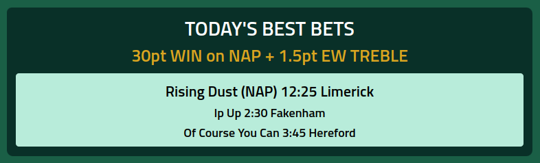 SpeedRatingscom's tweet image. Another fantastic day for @SpeedRatingscom 'Best Bets' subscribers with our 30pt NAP #RisingDust 3rd at 66/1 SP with #IpUp 1st 8/1 and #OfCourseWeCan 3rd 13/2 to land our 123/1 EW treble!