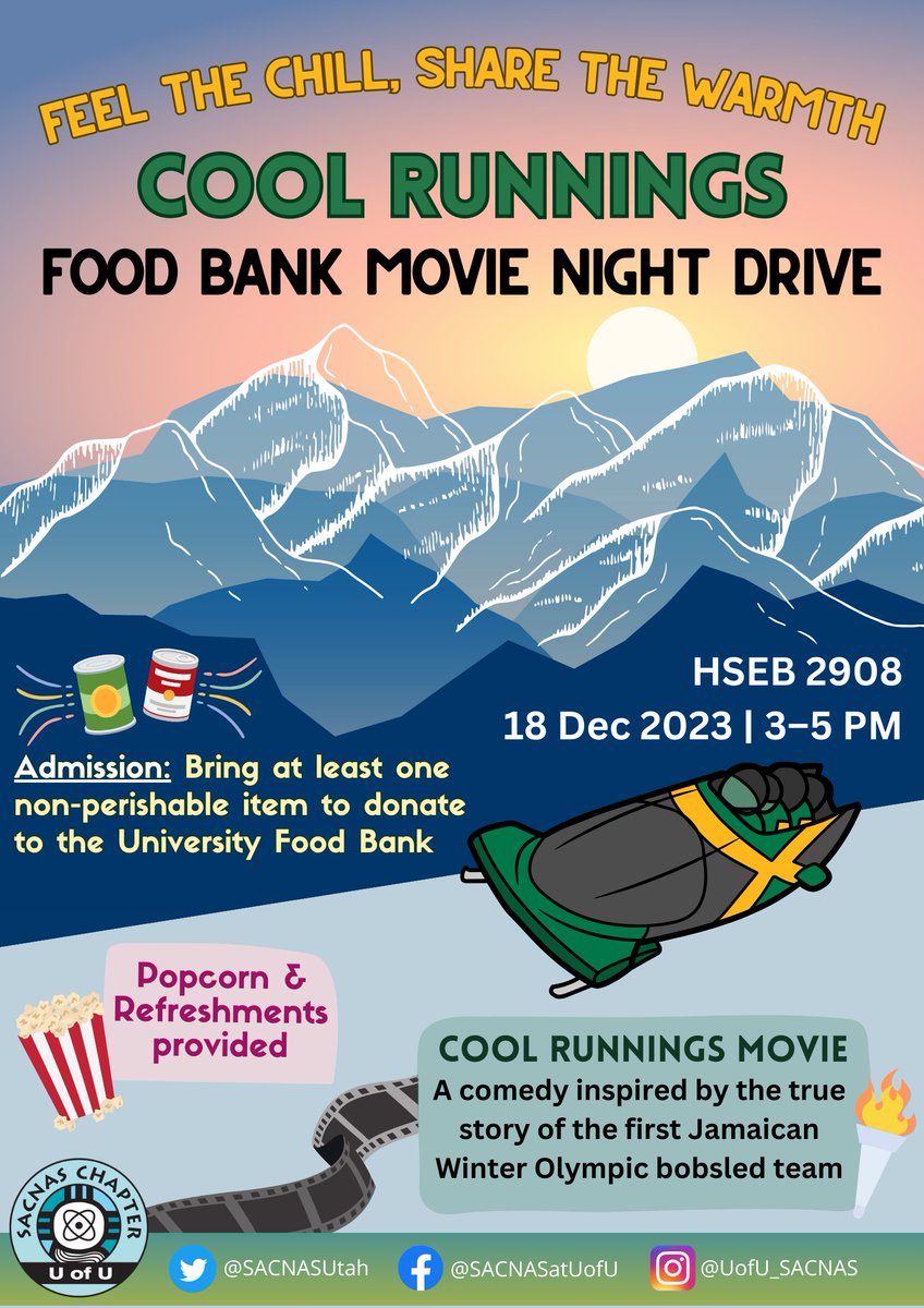 Take a break from work and watch the movie Cool Runnings with us while enjoying cold refreshments and popcorn that will be provided!🍿🇯🇲 We ask that our attendees bring at least 1 non-perishable item that will be donated to the University food bank as the cost of admission! 🎟️🥫