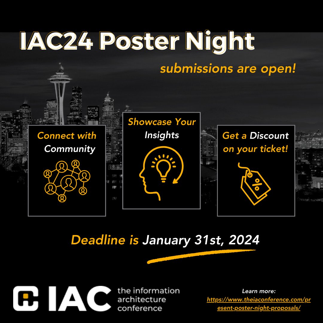 theiaconf's tweet photo. Poster Night submissions are open for #IAC24! Whether you're a pro or a newcomer in the field, we can't wait to hear from you. Don't miss out! ๐Learn more: https://t.co/gtEllop2D9 #IA #PosterNight #InformationArchitecture https://t.co/Qi4RYjEHuJ