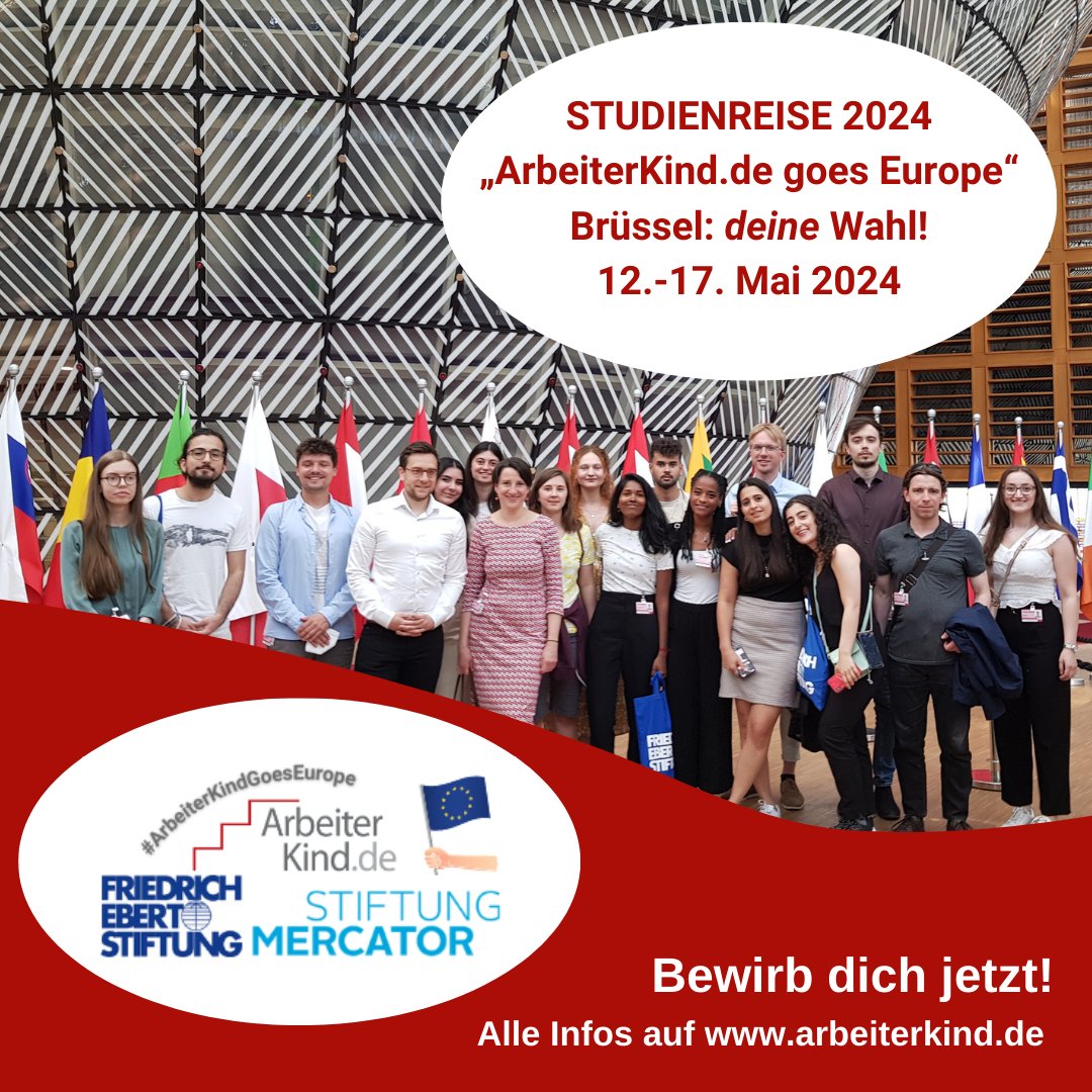 Im Rahmen einer Studienreise nach Brüssel im Mai 2024 erhalten 15 junge Menschen aus nicht-akademischen Familien die Möglichkeit, Einblicke in  die vielfältigen Karrieremöglichkeiten im EU-Umfeld zu bekommen.

Bewerbt euch bis zum 15. Dezember!

Mehr Infos arbeiterkind.de/news/arbeiterk…