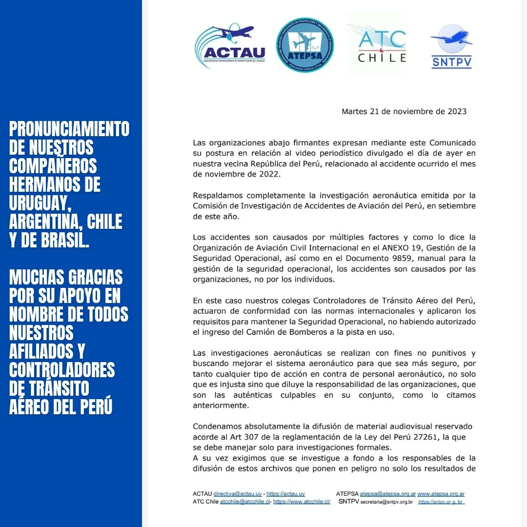 SuctaP's tweet photo. Muchas gracias a nuestros compañeros de Actau Uruguay, Atepsa de Argentina,  Colegio ATC de Chile y a SNTPV de Brasil. 
Muchas gracias por el apoyo y solidaridad a nuestro Sindicato y colegas del Perú. 
 Unidos somos más fuertes! 
#controladoresareos https://t.co/hPIFOkDUUB
