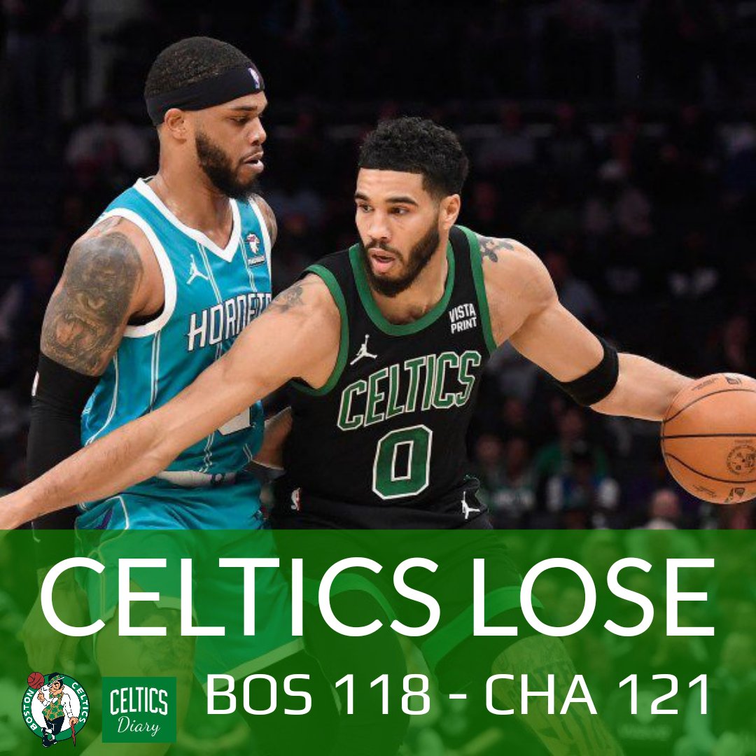 CelticsDiary's tweet photo. Celtics failed to deliver the W in OT with a 118-121 defeat against Hornets.

45pts, 13rebs, 6ast and 2blks by Jayson Tatum were not enough to secure the W. Payton Pritchard added 21pts from the bench with 6rebs, 3ast and 2stl. ☘️ https://t.co/KX1jhoskH7