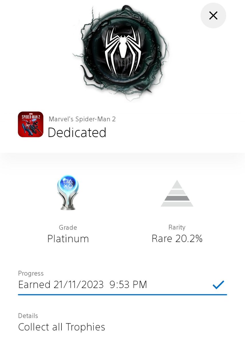 JasForbes's tweet photo. Spider-Man 2 Platinum trophy in the bag.
Damn that was a good game! 
Stupidly good story, and I demand a sequel.
#SpiderMan2PS5 #PS5Share #PlatinumTrophy https://t.co/5qjYm7w3Gw