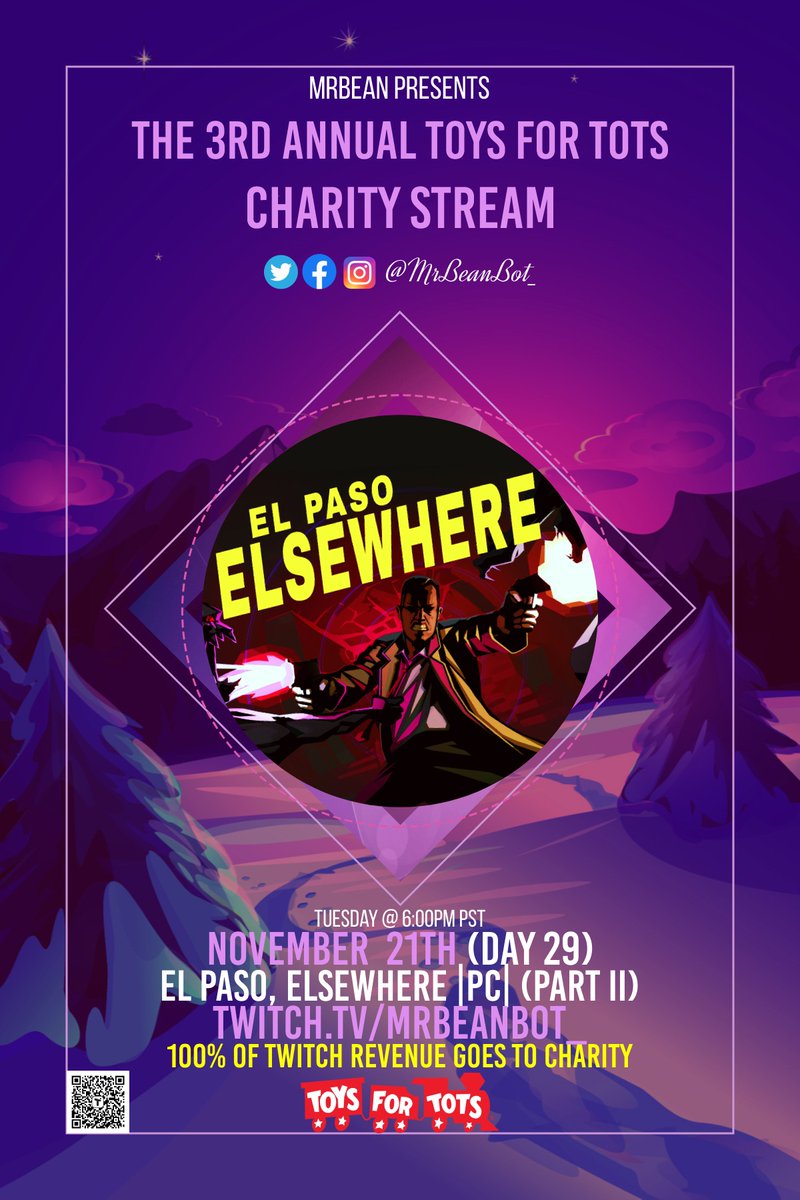 Mrbeanbot_'s tweet photo. Part II of El Paso, Elsewhere! Today @ 6:00pm PST all for @ToysForTots_USA &amp; Toys For Tots of Spokane! only on https://t.co/p0IvEoBPdt  
Donate to our @tiltify campaign: https://t.co/fT2hh9sWwr
#charity #toysfortots https://t.co/HFniZ6z8JX